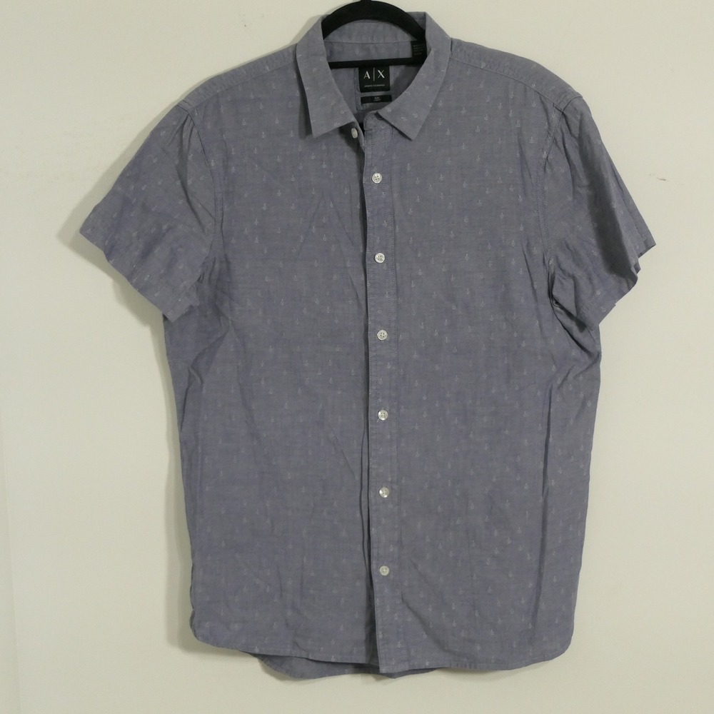 Armani Exchange Mens Button Down Shirt L Blue Anchor Print Slim Fit 3YZC11 Yacht
